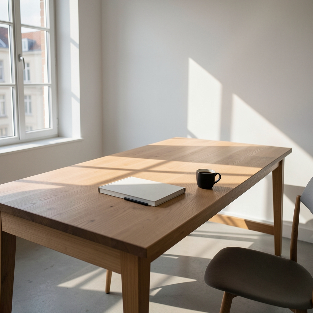 Minimalist editorial office interior in Brussels with a long oak desk, notebook, black coffee cup, and morning light casting geometric shadows across the workspace