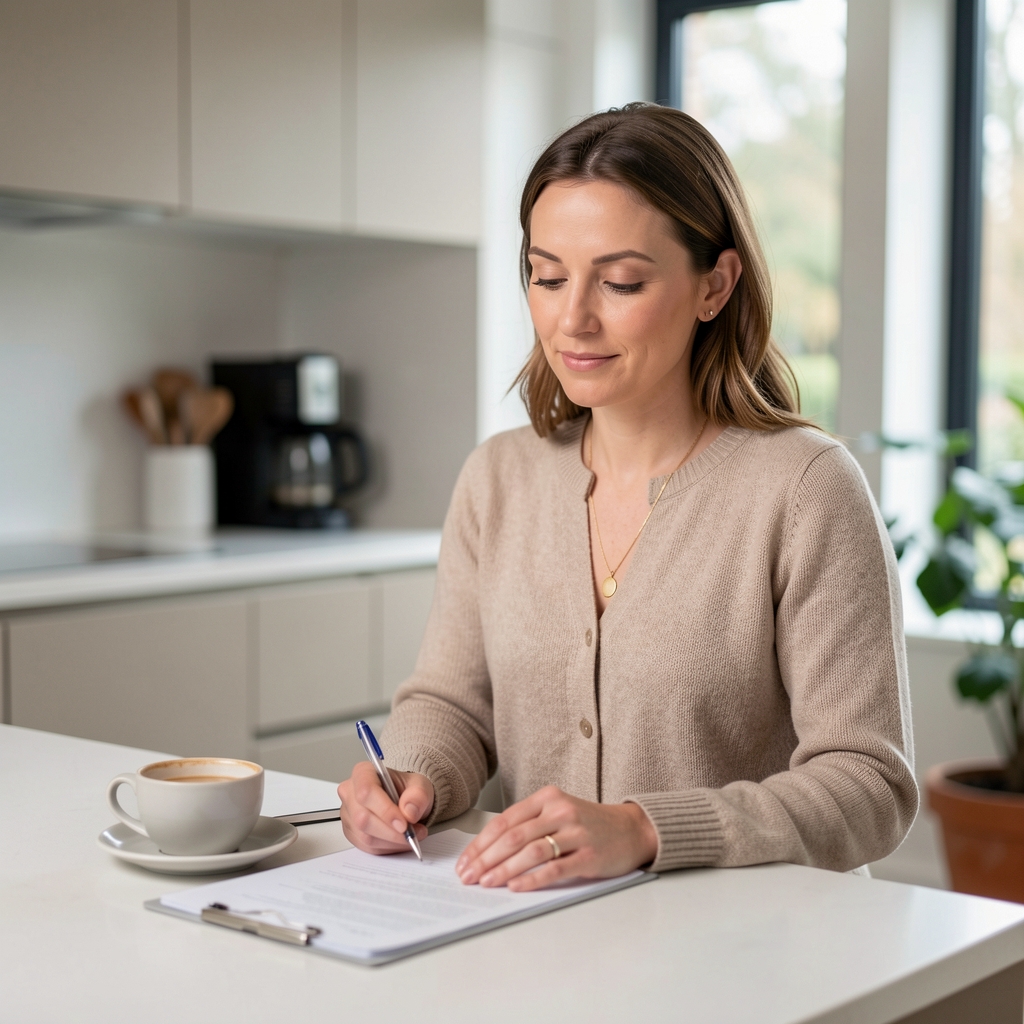 Editorial portrait of a woman at a clean kitchen counter in a modern Belgian apartment, reviewing notes with a coffee, studio lighting
