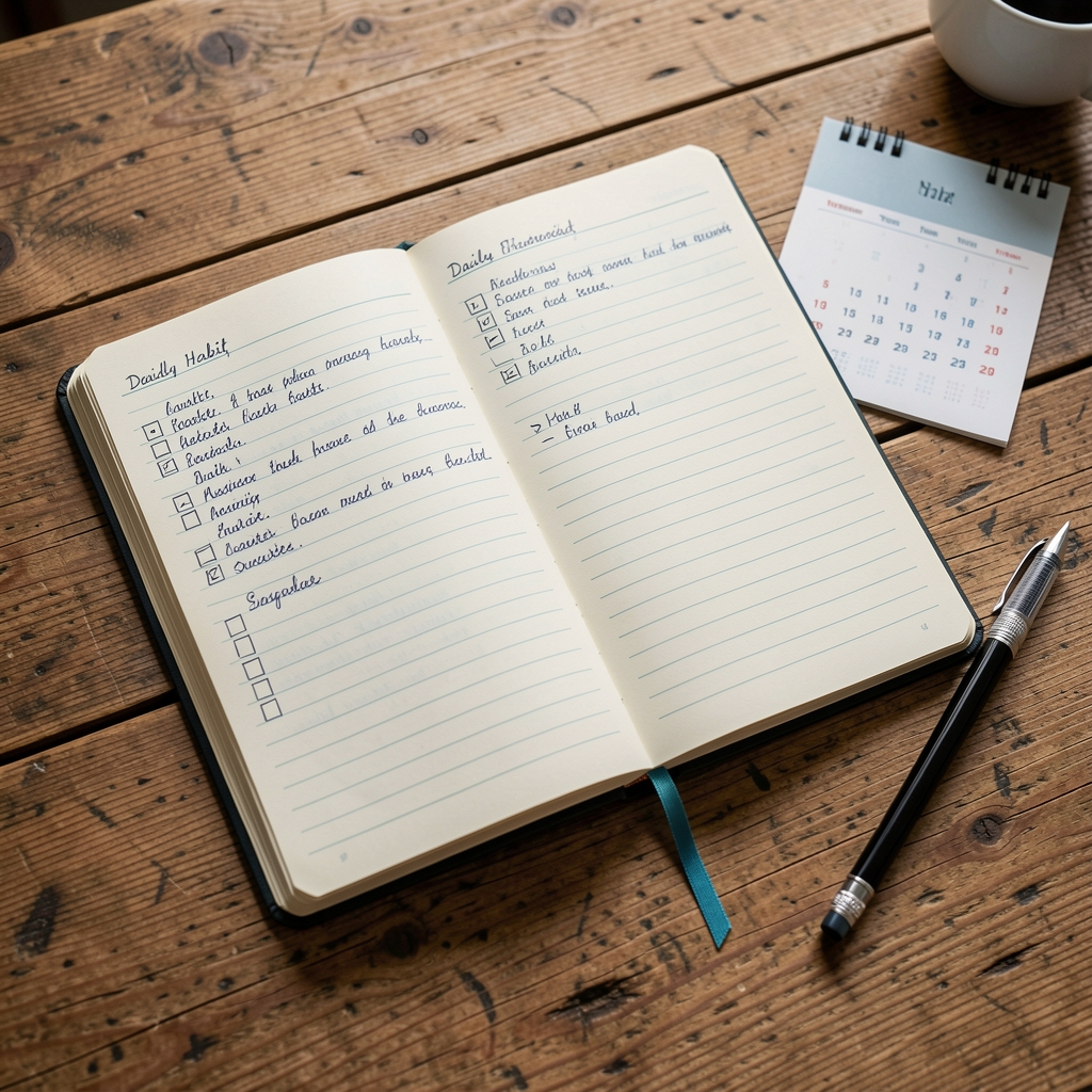 Open field notebook with handwritten daily habit records on a wooden table in Brussels, alongside a mechanical pencil and a small printed calendar