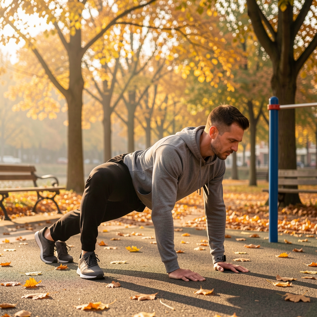Man in outdoor fitness setting performing bodyweight strength training in a Brussels park during autumn morning light with golden leaves
