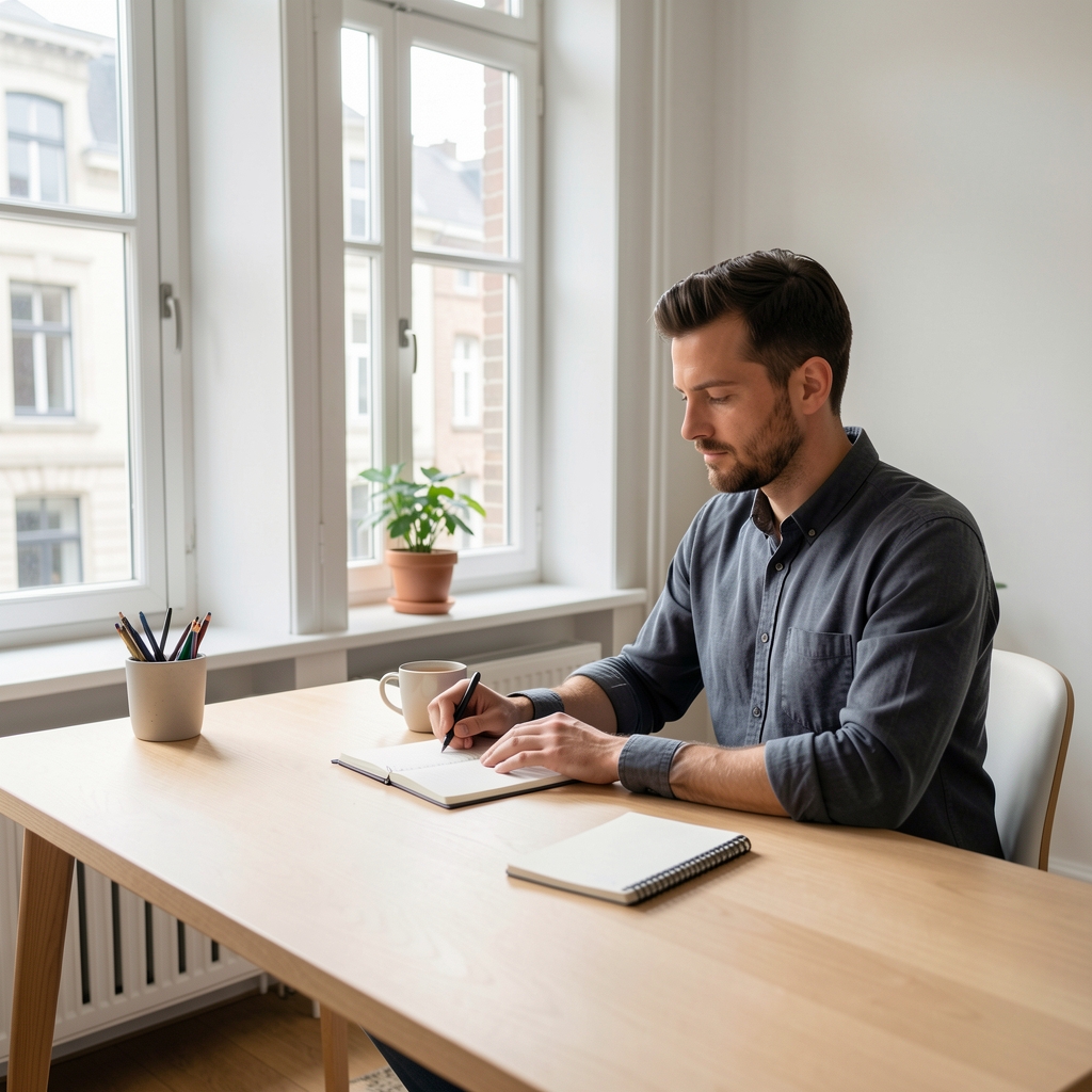 Man preparing morning routine at a minimalist wooden desk with notebook, coffee, and daylight coming through tall Brussels windows