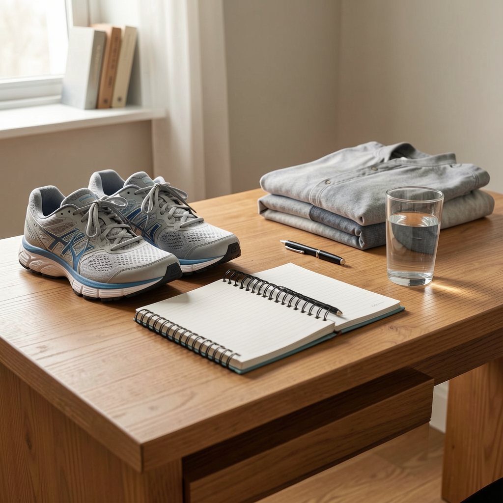 Neat wooden desk laid out the evening prior with running shoes, notebook, filled water glass and folded clothing ready for a structured morning routine